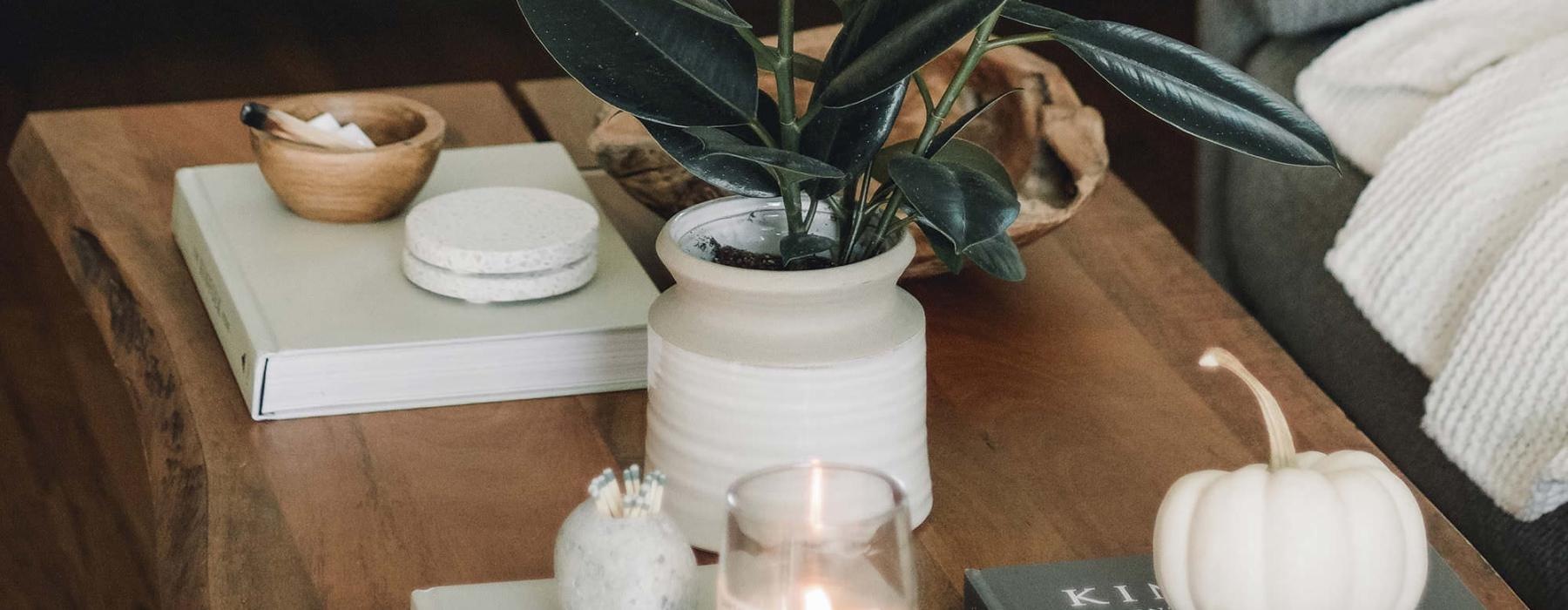 coffee table decorated with books, a potted plant, a candle and other knick-knacks